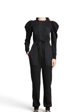 Ulla Johnson Sadie Noir Black Puff Sleeve Cotton Utility Jumpsuit Size P XS
